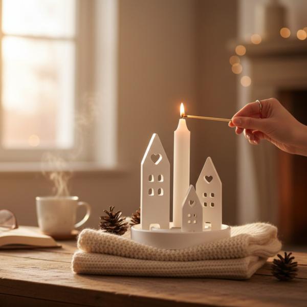 Runder Raysin‑Kerzenhalter mit drei weißen Lichthäusern in verschiedenen Größen.